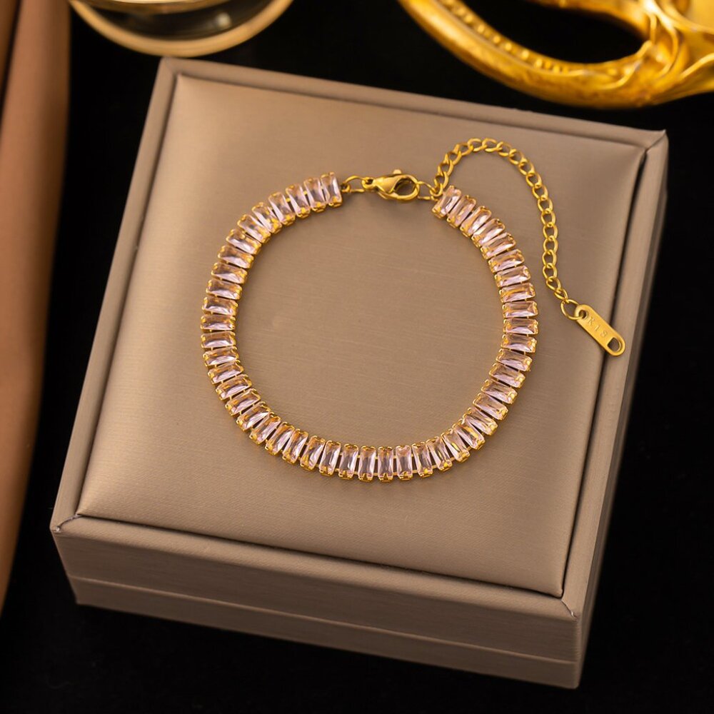 3/$35 18K Gold Plated Pink RhinestoneTennis Bracelet Stainless Steel Diamond